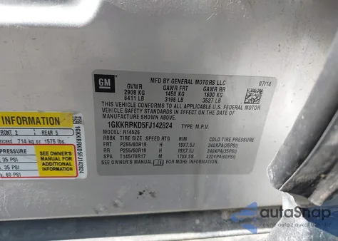 2015 GMC Acadia Slt-1 из США, поврежденный, VIN 1GKKRRKD5FJ142824